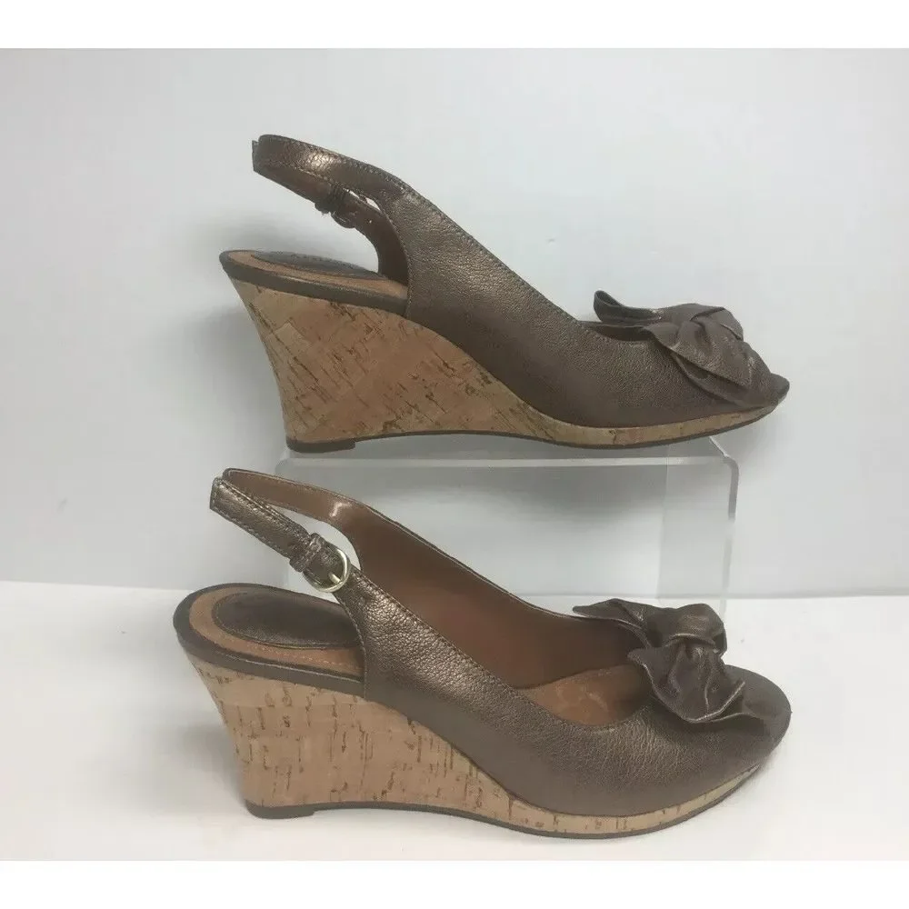 Clarks Artisan Slingback Wedge Shoes‎ Size 7.5 Women Brown Metallic Open Toe